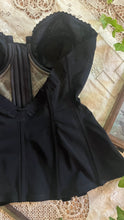 Load image into Gallery viewer, Stunning 1980’s Vintage Black Satin and Illusion Lace Zip up Bustier by Adonna 36C