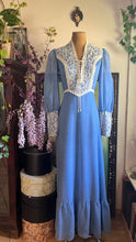 Load image into Gallery viewer, 1970’s Vintage Blue Voile and Ivory Lace Prairie dress