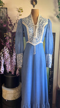 Load image into Gallery viewer, 1970’s Vintage Blue Voile and Ivory Lace Prairie dress