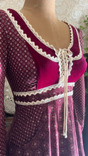 Load image into Gallery viewer, 1970’s Vintage Burgundy Velveteen and Calico Gunne Sax Midi Dress