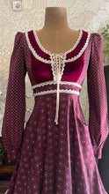 Load image into Gallery viewer, 1970’s Vintage Burgundy Velveteen and Calico Gunne Sax Midi Dress