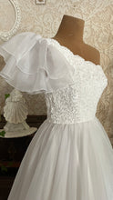 Load image into Gallery viewer, 1950’s Vintage One Shoulder Ruffled White Chiffon Gown by Mike Benet Formals