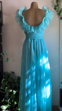 Load image into Gallery viewer, 1970’s Vintage Cold Shoulder Ice Blue Ruffle Dress and Belt