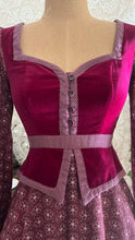 Load image into Gallery viewer, 1970's vintage Burgundy Velveteen and Calico Gunne Sax midi peplum dress