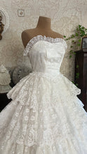 Load image into Gallery viewer, Incredible 1980’s Vintage White Satin and Tiered Lace Strapless Dream Dress