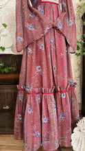 Load image into Gallery viewer, Lovely 1970’s Vintage Mauve and Blue Rose Print Angel Sleeve Dress