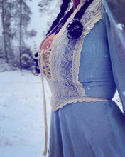 Load image into Gallery viewer, 1970’s Vintage Blue Voile and Ivory Lace Prairie dress