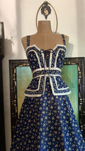 Load image into Gallery viewer, Amazing 1970’s Vintage Navy and Gold Calico Gunne Sax Peplum Sundress