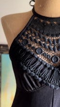 Load image into Gallery viewer, Slinky 1970’s Vintage Black Crochet Collar Halter Maxi Dress