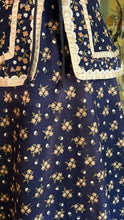 Load image into Gallery viewer, Amazing 1970’s Vintage Navy and Gold Calico Gunne Sax Peplum Sundress