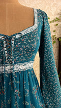 Load image into Gallery viewer, Rare and spectacular Teal Calico 1970’s Vintage Gunne Sax Dress