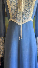 Load image into Gallery viewer, 1970’s Vintage Blue Voile and Ivory Lace Prairie dress