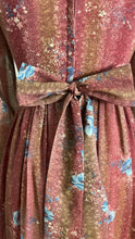 Load image into Gallery viewer, Lovely 1970’s Vintage Mauve and Blue Rose Print Angel Sleeve Dress