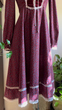 Load image into Gallery viewer, Darling 1970’s Vintage Dark Plum Calico and Velveteen Gunne Sax Midi Dress
