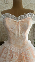 Load image into Gallery viewer, Perfect 1980’s Vintage Peachy Pink Satin and White Lace Dream Dress with Armlets