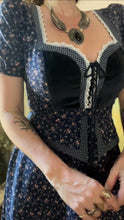 Load image into Gallery viewer, Restored 1970's vintage Navy Blue calico Gunne Sax midi peplum dress