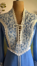 Load image into Gallery viewer, 1970’s Vintage Blue Voile and Ivory Lace Prairie dress