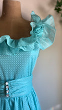 Load image into Gallery viewer, 1970’s Vintage Cold Shoulder Ice Blue Ruffle Dress and Belt