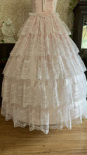 Load image into Gallery viewer, Beautiful 1980’s Vintage Pink Satin and Tiered White Lace Dream Dress