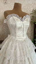 Load image into Gallery viewer, Stunning 1980’s Vintage White Satin and Tiered Lace Dream Dress