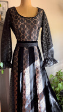 Load image into Gallery viewer, Fantastic 1970’s Vintage Black Velvet and Illusion Lace Maxi Dress