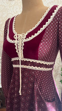 Load image into Gallery viewer, 1970’s Vintage Burgundy Velveteen and Calico Gunne Sax Midi Dress