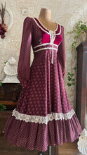 Load image into Gallery viewer, 1970’s Vintage Burgundy Velveteen and Calico Gunne Sax Midi Dress