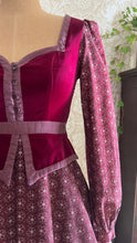 Load image into Gallery viewer, 1970's vintage Burgundy Velveteen and Calico Gunne Sax midi peplum dress