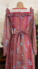 Load image into Gallery viewer, Lovely 1970’s Vintage Mauve and Blue Rose Print Angel Sleeve Dress