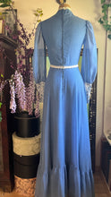 Load image into Gallery viewer, 1970’s Vintage Blue Voile and Ivory Lace Prairie dress