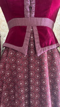 Load image into Gallery viewer, 1970's vintage Burgundy Velveteen and Calico Gunne Sax midi peplum dress