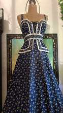 Load image into Gallery viewer, Amazing 1970’s Vintage Navy and Gold Calico Gunne Sax Peplum Sundress