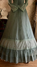Load image into Gallery viewer, 1970’s vintage dyed moss sage green voile and lace maxi Gunne Sax dress