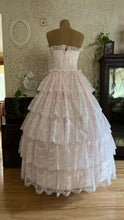Load image into Gallery viewer, Beautiful 1980’s Vintage Pink Satin and Tiered White Lace Dream Dress
