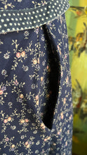 Load image into Gallery viewer, Restored 1970's vintage Navy Blue calico Gunne Sax midi peplum dress