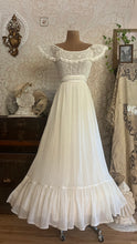 Load image into Gallery viewer, Amazing 1970’s Vintage Ivory Crepe Voile and Lace Gunne Sax Flounced Sundress