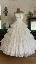 Load image into Gallery viewer, Incredible 1980’s Vintage White Satin and Tiered Lace Strapless Dream Dress