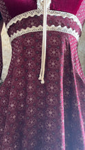 Load image into Gallery viewer, 1970’s Vintage Burgundy Velveteen and Calico Gunne Sax Midi Dress