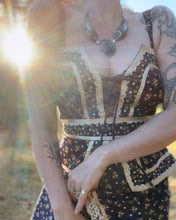 Load image into Gallery viewer, Amazing 1970’s Vintage Navy and Gold Calico Gunne Sax Peplum Sundress