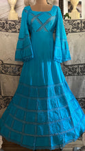 Load image into Gallery viewer, Beautiful 1970's vintage Bright Turquoise Blue Cotton and lace Mexican dress