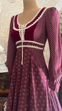 Load image into Gallery viewer, 1970’s Vintage Burgundy Velveteen and Calico Gunne Sax Midi Dress