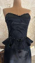 Load image into Gallery viewer, Deadstock 1980’s Vintage Black Satin Gunne Sax Peplum Wiggle Dress