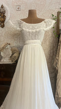 Load image into Gallery viewer, Amazing 1970’s Vintage Ivory Crepe Voile and Lace Gunne Sax Flounced Sundress