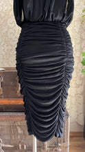 Load image into Gallery viewer, Designer 1980’s Vintage Draped and Ruched Black Wiggle Dress by Samir