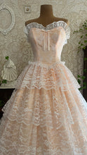 Load image into Gallery viewer, Perfect 1980’s Vintage Peachy Pink Satin and White Lace Dream Dress with Armlets