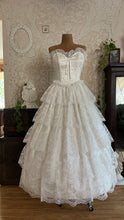 Load image into Gallery viewer, Stunning 1980’s Vintage White Satin and Tiered Lace Dream Dress