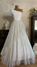 Load image into Gallery viewer, 1950’s Vintage One Shoulder Ruffled White Chiffon Gown by Mike Benet Formals