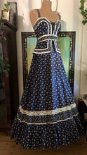 Load image into Gallery viewer, Amazing 1970’s Vintage Navy and Gold Calico Gunne Sax Peplum Sundress