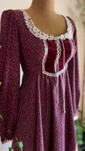 Load image into Gallery viewer, Darling 1970’s Vintage Dark Plum Calico and Velveteen Gunne Sax Midi Dress