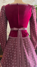 Load image into Gallery viewer, 1970's vintage Burgundy Velveteen and Calico Gunne Sax midi peplum dress
